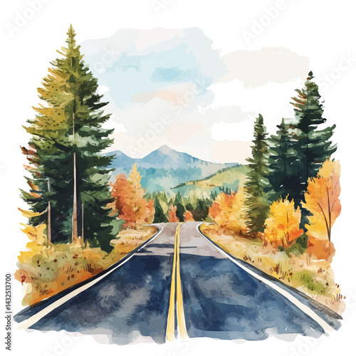 watercolor of Scenic Road Trip, isolated on a white background.