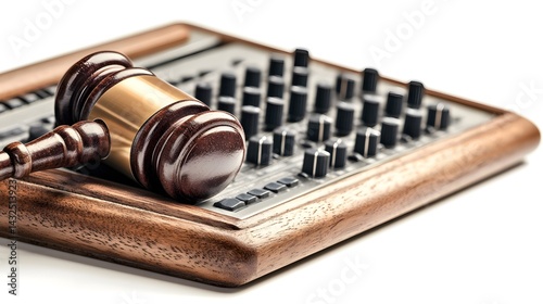 Professional wooden judge gavel with soundboard isolated on white background for legal purposes