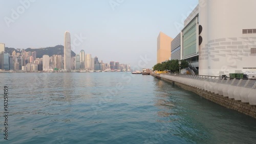 View looking out over Victoria Harbour towards the skyline of Hong Kong