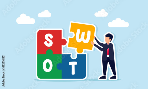 Businessman aiming to complete a puzzle with the word SWOT, illustration of refining the analysis of Strengths Weaknesses Opportunities and Threats