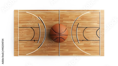 Professional hardwood basketball court floor with basketball - sports background