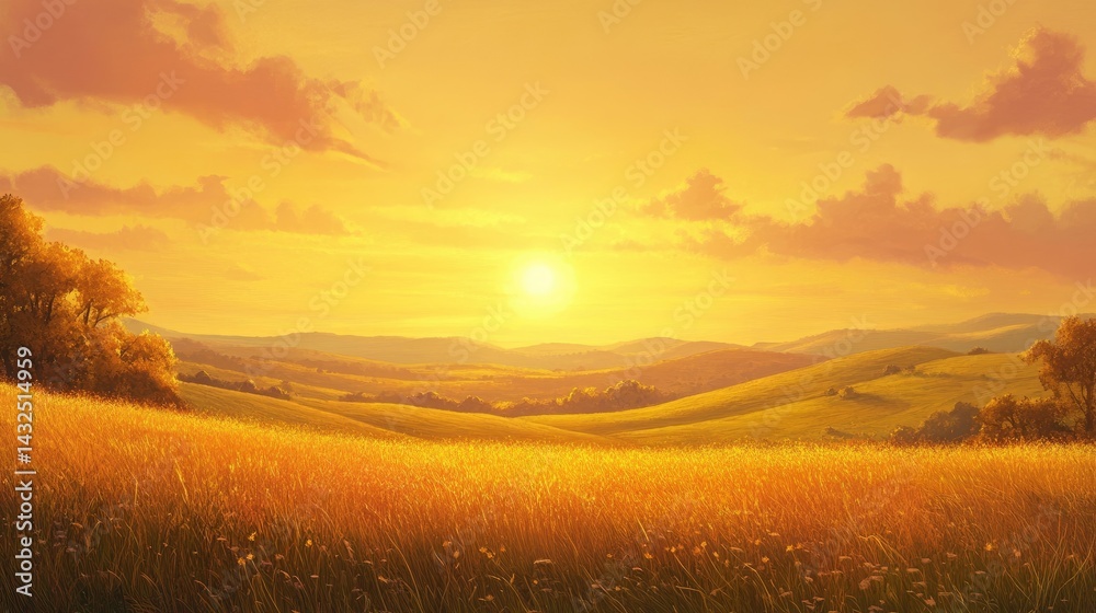 Fototapeta premium A glowing sunset over rolling hills, with the sky filled with warm, golden hues of joy and peace.
