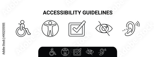 The image illustrates accessibility guidelines with outline icons representing inclusivity, design, and compliance. Outline icons set.