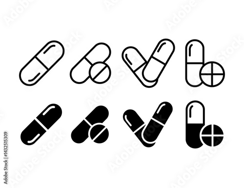 Pill icon line style and flat glyph style. Icon set related to hospital, pharmacy, medical, and nursing.