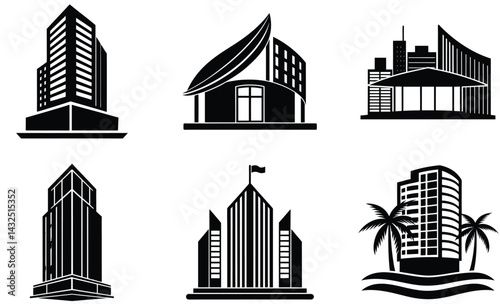 Skyscraper Hotel Silhouette Vector Set – Modern High-Rise Building Design