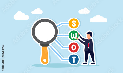 Businessman arrange the letter W among a row of letters to complete the word SWOT near a magnify glass, illustration of analysis of Strengths Weaknesses Opportunities and Threats