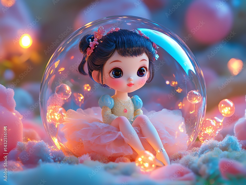 Enchanted Doll in Glass Sphere: Dreamy Pastel Artwork Enchanted Doll in Glass Sphere: Dreamy Pastel Artwork