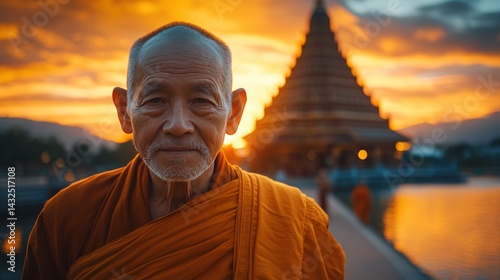 Buddhist monk at sunset