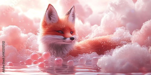 Serene Fox in a Dreamlike Pink Cloud Bath