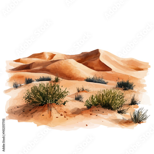 illustration of Sandy Desert Landscape, watercolor vector, isolated on a white background.