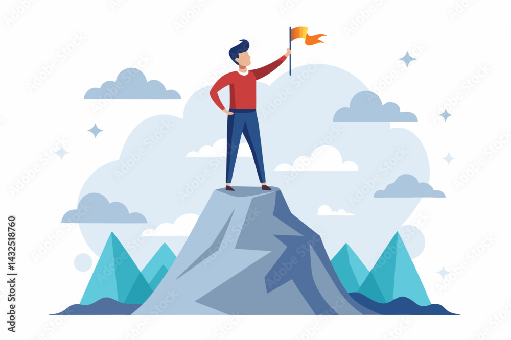 Leader Standing On Mountain Peak With Flag Of Success a vector illustration Leader Standing On Mountain Peak With Flag Of Success a vector illustration