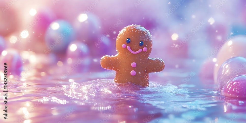 Fototapeta premium Smiling Gingerbread Man in a Pastel Winter Wonderland