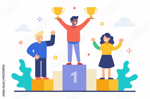 Winning Podium With Place Trophy And Cheering a vector illustration