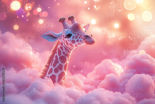 Adorable Giraffe in Pink Dreamy Cloudscape: Whimsical Digital Art