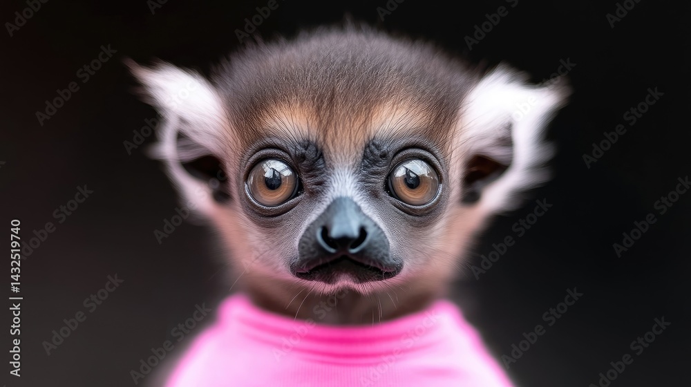 Obraz premium Adorable baby lemur wearing a bright pink shirt stares curiously at the camera against a dark background.