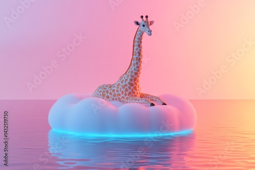 Serene Giraffe Resting on a Cloud in a Dreamlike, Pastel Seascape