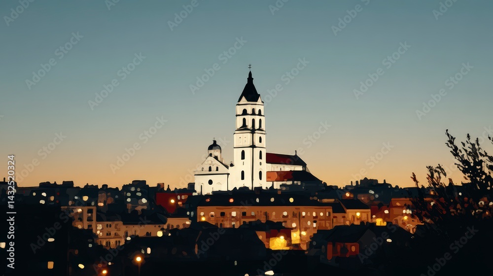 Obraz premium Serene Twilight Cityscape Church Cathedral Urban Skyline at Dusk