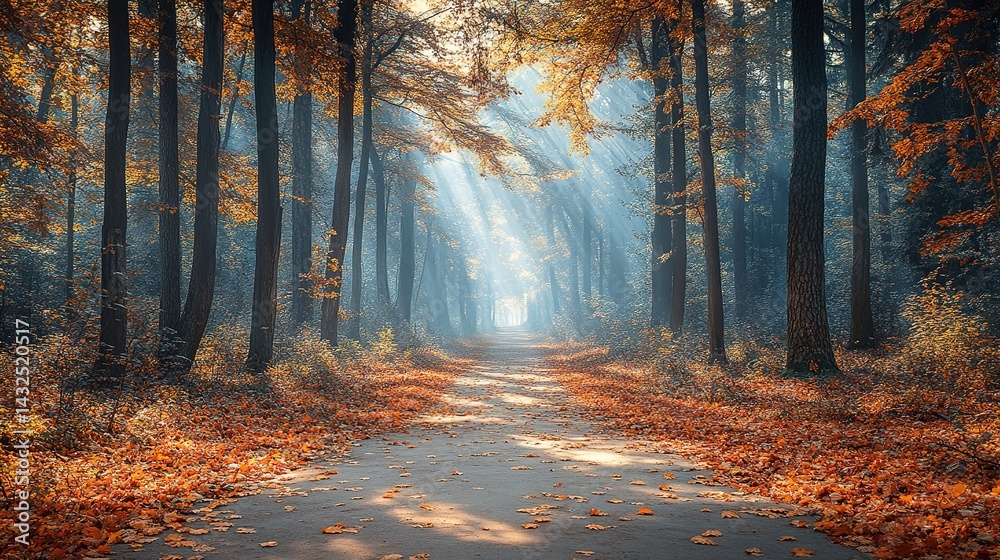 Obraz premium Autumnal Sunlight Path Through a Misty Forest