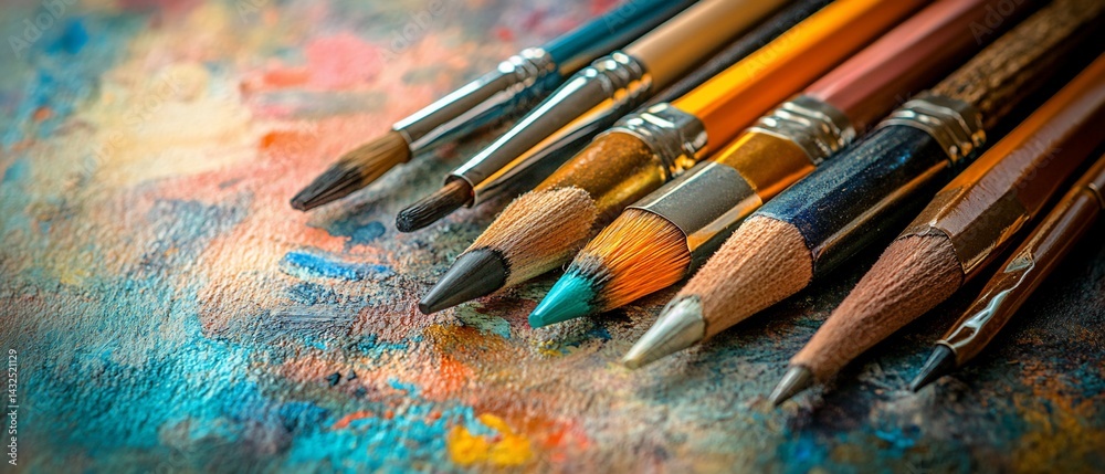 Obraz premium Brushes, pencils laying on colorful painter's canvas in art studio
