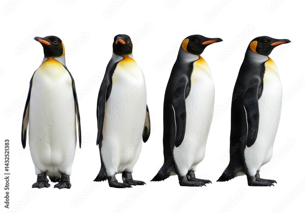 Fototapeta premium Four emperor penguins stand in a row, showcasing their black and white plumage against a white background