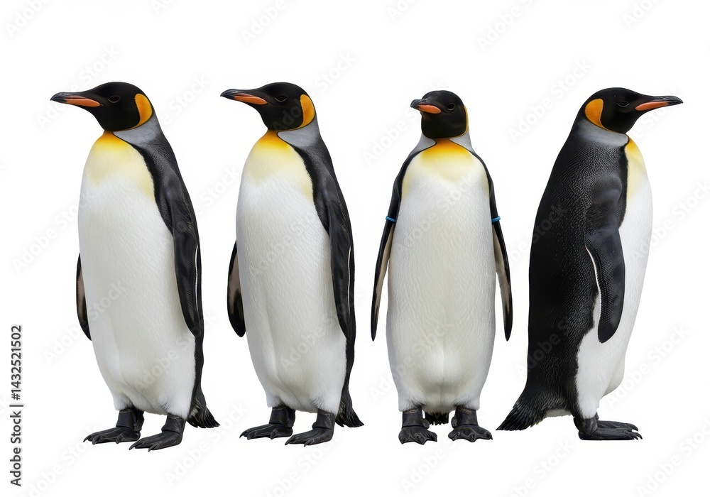 Fototapeta premium Four emperor penguins stand side by side against a white background in a studio setting