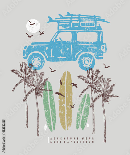 Illustration of a composition with a car silhouette, coconut trees and surfboards. Art alluding to an adventure trip.