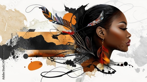 Artistic portrait of a woman with feathers digital art abstract style vibrant colors side view identity exploration