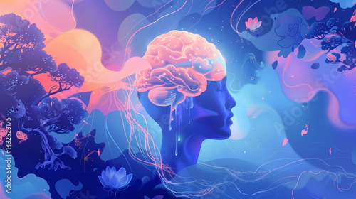 Fluid Consciousness Moving Through Neural Network Nodes, Psychedelic Color Transitions Blended with Zen Garden Textures, Mindfulness App Interface Design