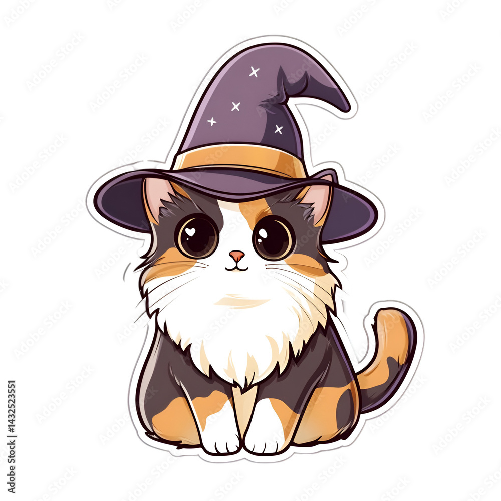 Fototapeta premium Create a kawaii cat wizard sticker fantasy realm sticker art whimsical setting close-up adorable cat in wizard hat