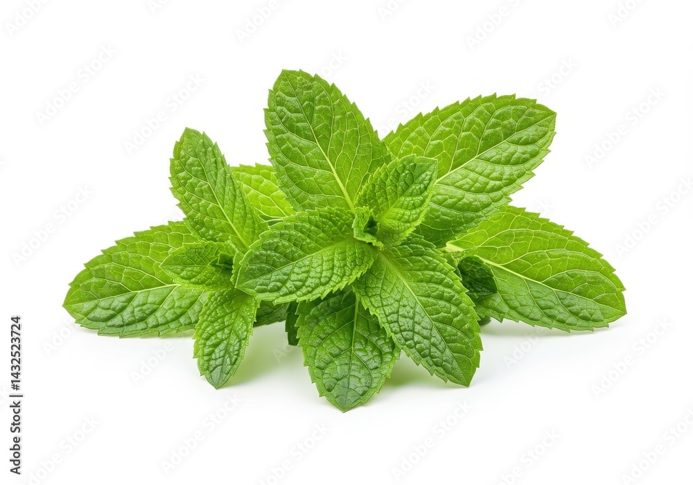 Fresh spearmint sprigs with vibrant green leaves arranged together on a clean white surface Fresh spearmint sprigs with vibrant green leaves arranged together on a clean white surface
