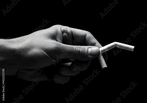 Hand crushing bent cigarette against black background, symbolizing smoking cessation and health awareness