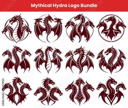 Aggressive hydra with multiple heads, brown silhouette on a white background design