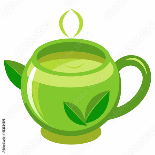 Green tea cup with leaves 