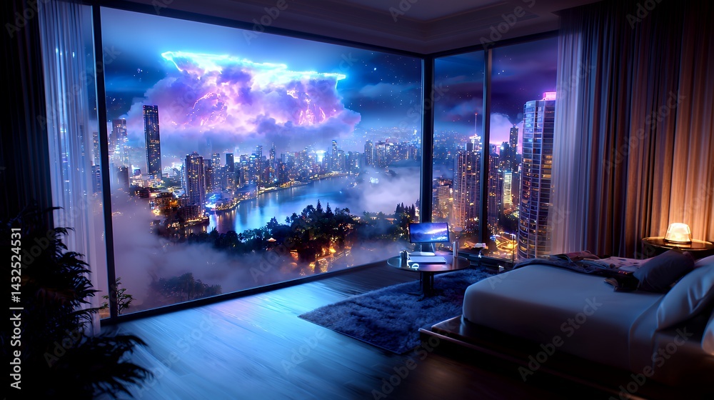 Obraz premium Cityscape night lightning storm