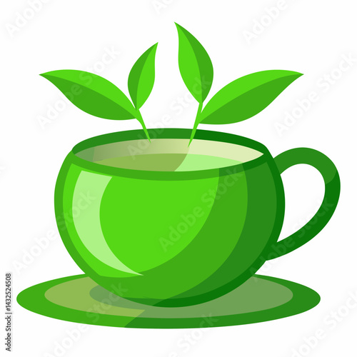 Green tea cup with leaves 