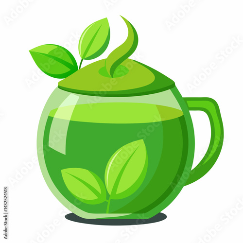 Green tea cup with leaves 