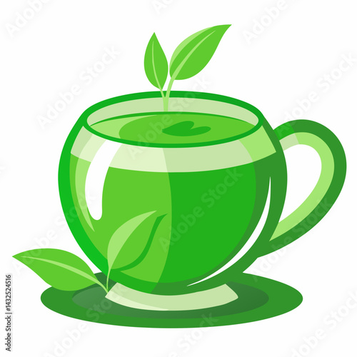 Green tea cup with leaves 