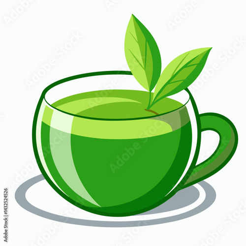 Green tea cup with leaves 