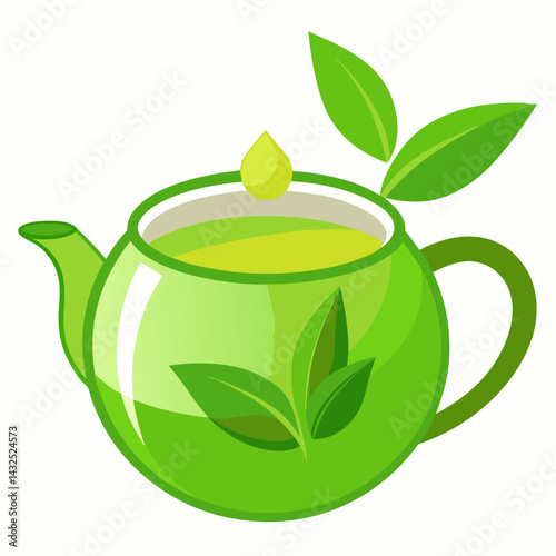 Green tea cup with leaves 