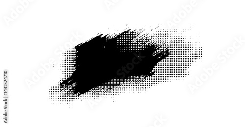 Abstract black paint stroke with halftone dots overlay on white background, expressive ink splat with grunge texture for artistic designs and graphic elements