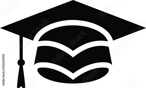This isolated black graduation cap icon with a tassel and diploma represents academic success in higher education