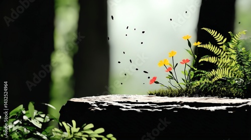 Serene Forest  Flowers  Ferns  and Sunlight on Rock
