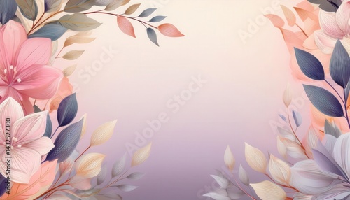 Elegant Floral Background with Pastel Flowers and Leaves in Symmetrical Arrangement