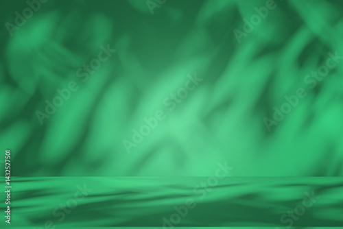 Wall interior background, studio and backdrops show products. with leaf shadow from window color green and white. background for text insertion and presentation of product	
