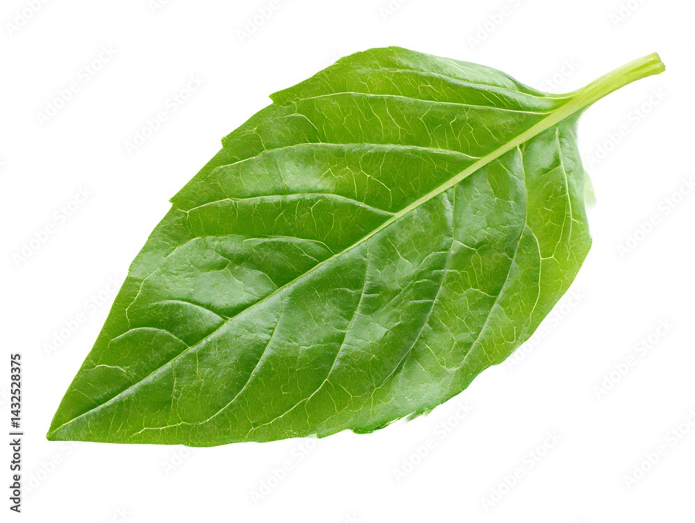 Fototapeta premium Single fresh green basil leaf close up studio shot isolated on white background