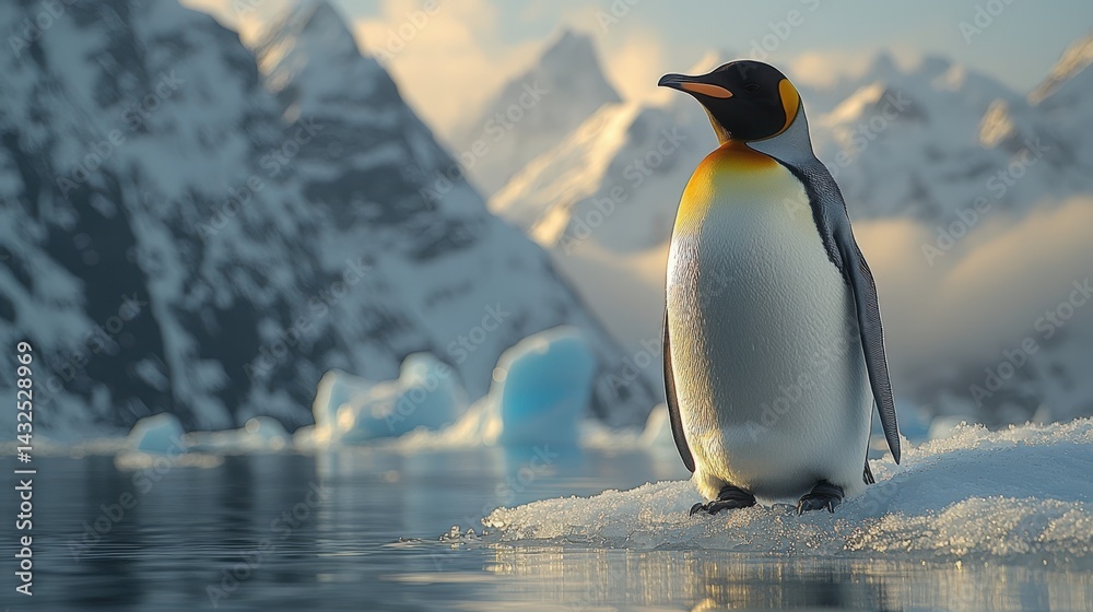 Fototapeta premium A majestic emperor penguin stands proudly on an icy landscape with snow-covered mountains and frozen lakes, focusing on its detailed face in a cinematic, realistic, and epic Antarctic wildlife scene.