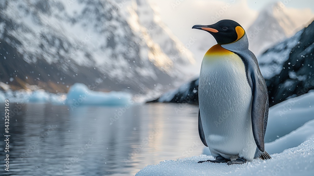 Fototapeta premium A majestic emperor penguin stands proudly on an icy landscape with snow-covered mountains and frozen lakes, focusing on its detailed face in a cinematic, realistic, and epic Antarctic wildlife scene.