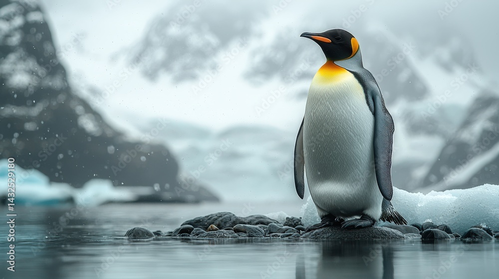Fototapeta premium A majestic emperor penguin stands proudly on an icy landscape with snow-covered mountains and frozen lakes, focusing on its detailed face in a cinematic, realistic, and epic Antarctic wildlife scene.