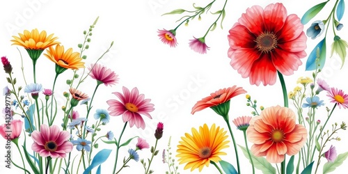 Vibrant watercolor wildflowers in a rectangular frame on white, wildflowers frame, floral design