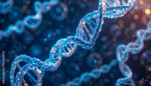 A stunning 3D rendering showcases a DNA double helix, glowing with vibrant blue and orange hues against a dark, bokeh-filled background. The intricate structure is beautifully detailed.